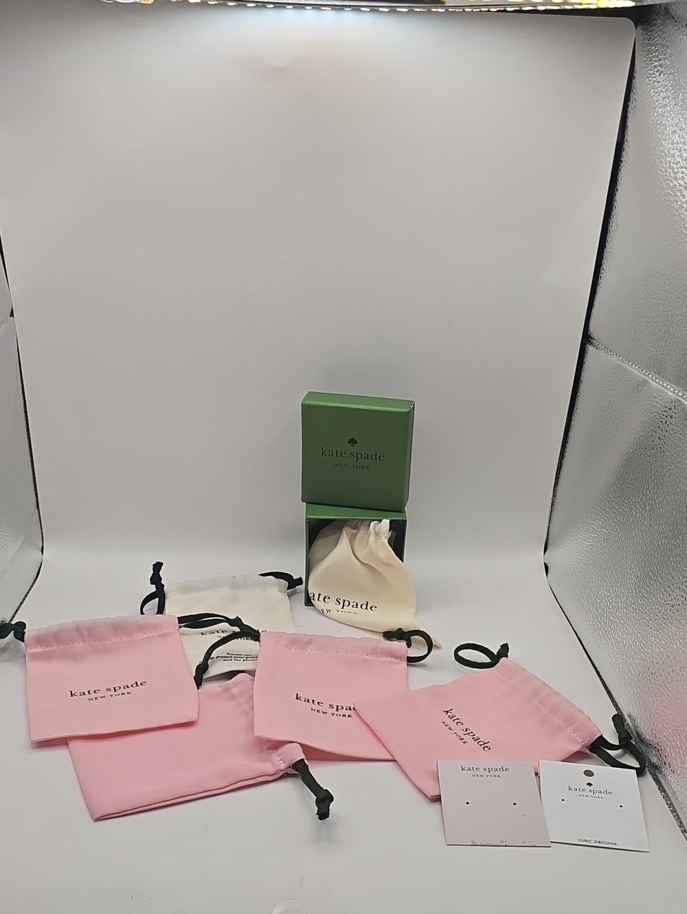 ​Kate Spade Jewelry Packaging Bundle Lot Dust Bags Green Gift Box Cards